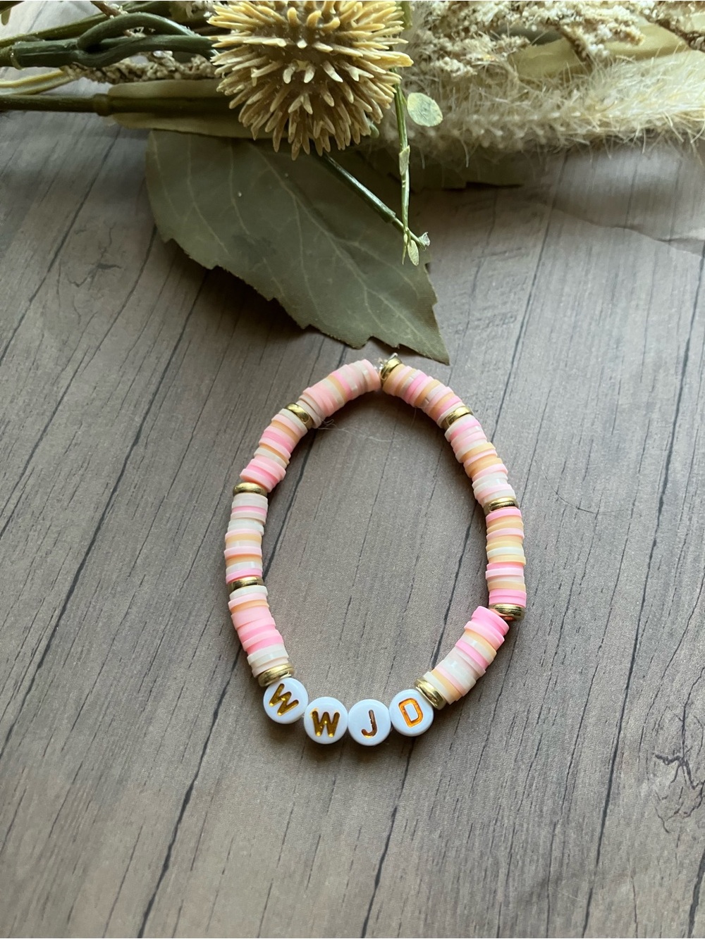 Personalized Pink Bead Stretch Bracelet with Gold Accents
